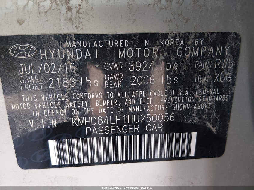 2017 Hyundai Elantra VIN KMHD84LF1HU250056 IAAI salvage auction — NORMAL WEAR, Original (Ohio), sold $775 on 2026-07-22 (photo 9)