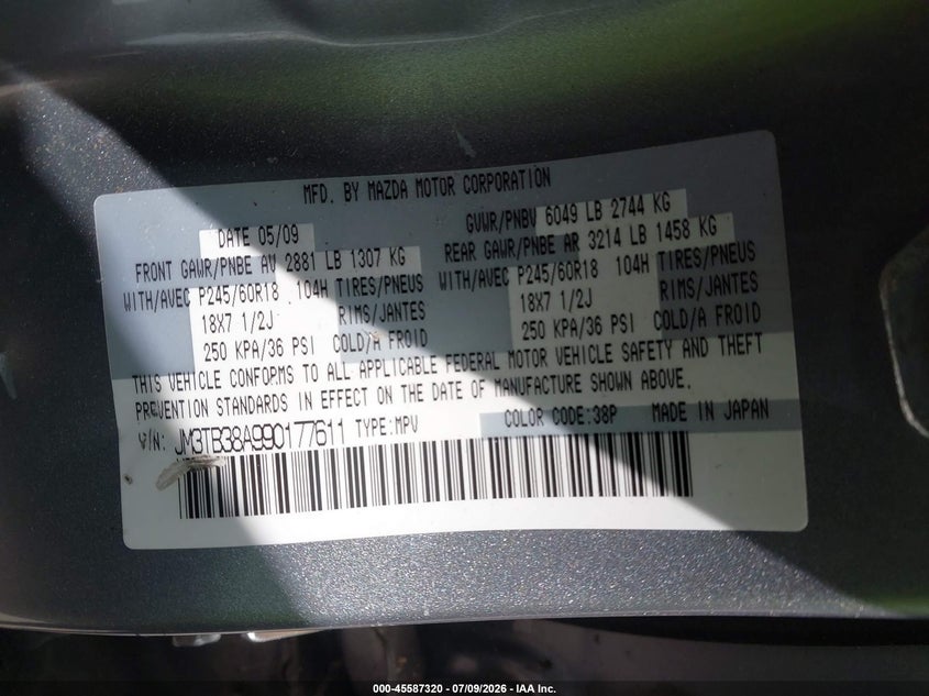 2009 Mazda Cx-9 VIN JM3TB38A990177611 IAAI salvage auction — RIGHT FRONT, Rebuildable (Florida), sold $700 on 2026-07-29 (photo 9)