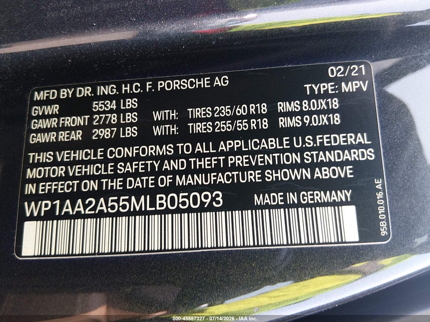 2021 Porsche Macan VIN WP1AA2A55MLB05093 IAAI salvage auction — FRONT END, Wait Title, sold $2,575 on 2026-08-17 (photo 9)