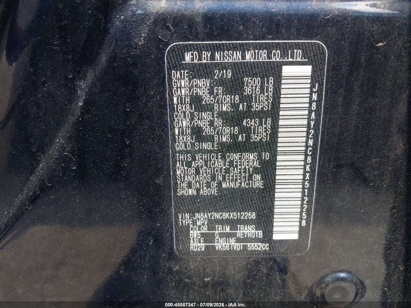 2019 Nissan Armada VIN JN8AY2NC8KX512258 IAAI salvage auction — HAIL, Salvage (Ohio), sold $7,650 on 2026-07-28 (photo 9)