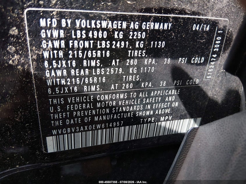 2014 Volkswagen Tiguan VIN WVGBV3AX0EW614957 IAAI salvage auction — NORMAL WEAR, Clear (Virginia), sold $425 on 2026-07-30 (photo 9)