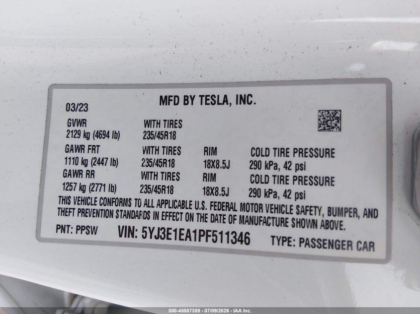 2023 Tesla Model 3 VIN 5YJ3E1EA1PF511346 IAAI salvage auction — FRONT & REAR, Salvage Title, sold $8,600 on 2026-10-03 (photo 9)