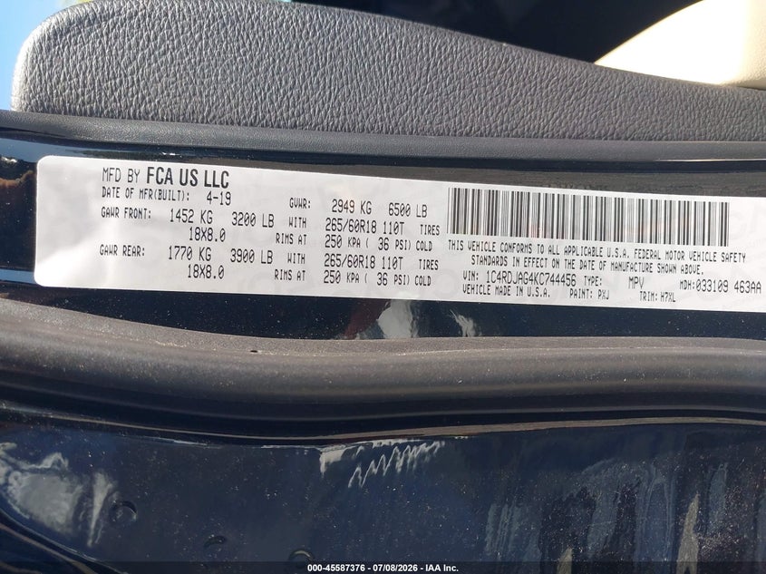 2019 Dodge Durango VIN 1C4RDJAG4KC744456 IAAI salvage auction — NORMAL WEAR, Sf97 (South Carolina), sold $11,475 on 2026-08-31 (photo 9)