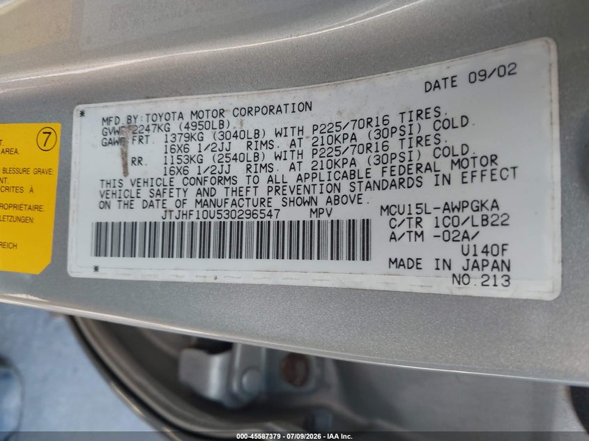 2003 Lexus Rx 300 VIN JTJHF10U530296547 IAAI salvage auction — SIDE, Salvage (Connecticut), sold $400 on 2026-07-23 (photo 9)