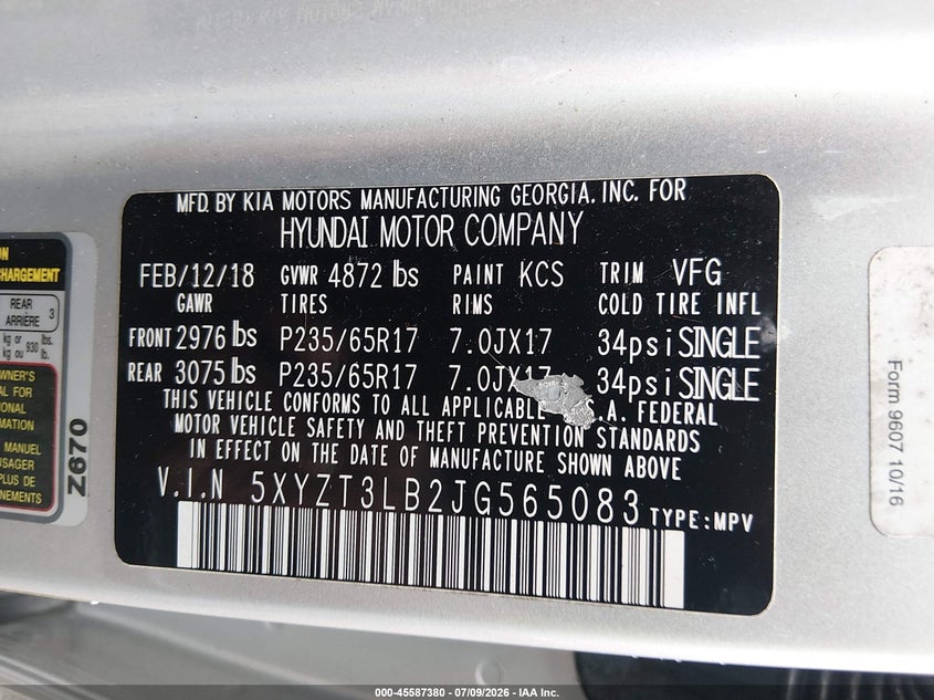2018 Hyundai Santa fe VIN 5XYZT3LB2JG565083 IAAI salvage auction — UNKNOWN, Salvage Title, sold $2,550 on 2026-07-30 (photo 9)