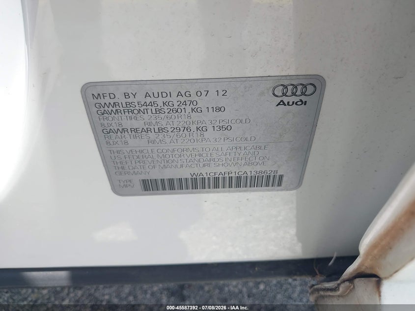 2012 Audi Q5 VIN WA1CFAFP1CA138628 IAAI salvage auction — NORMAL WEAR, Clear (Florida), sold $500 on 2026-07-30 (photo 9)