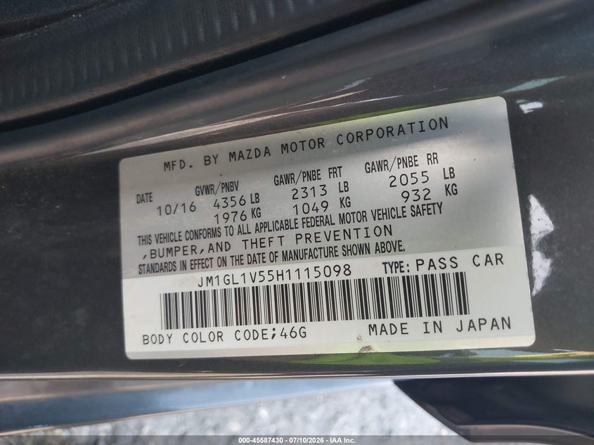 2017 Mazda 6 VIN JM1GL1V55H1115098 IAAI salvage auction — SIDE, Rebuildable (Florida), sold $575 on 2026-07-28 (photo 9)