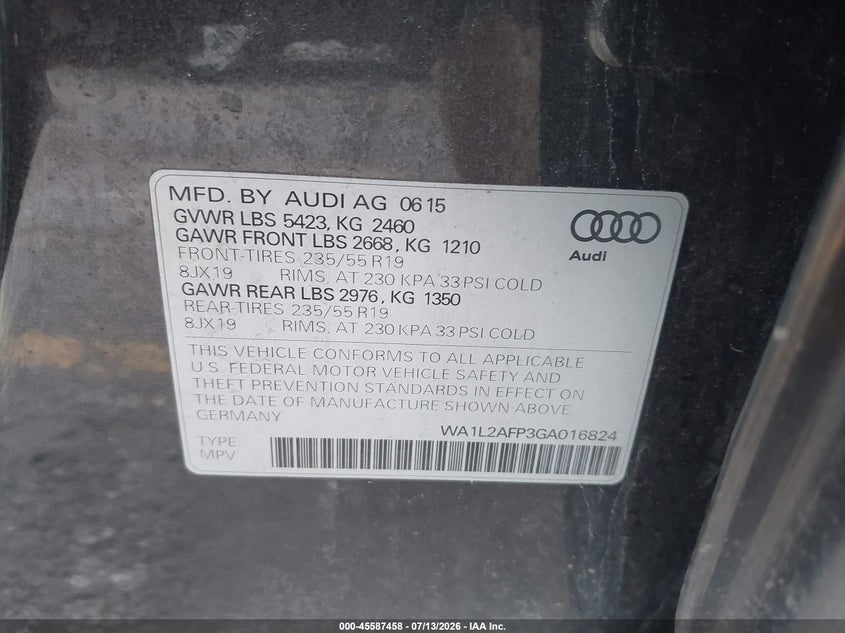2016 Audi Q5 VIN WA1L2AFP3GA016824 IAAI salvage auction — NORMAL WEAR, Clear (Michigan), sold $2,650 on 2026-07-27 (photo 9)