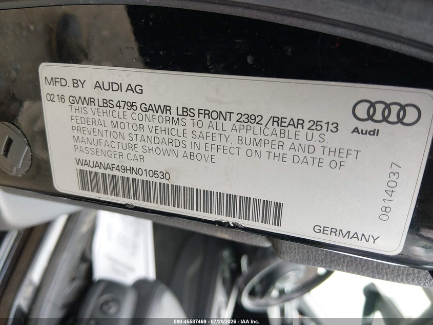 2017 Audi A4 VIN WAUANAF49HN010530 IAAI salvage auction — FRONT END, Wait Title, sold $4,150 on 2026-08-30 (photo 9)