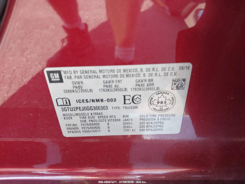 2016 Gmc SIERRA VIN 3GTU2PEJ6GG366363 IAAI salvage auction — LEFT FRONT, Wait Title, sold $5,200 on 2026-08-19 (photo 9)