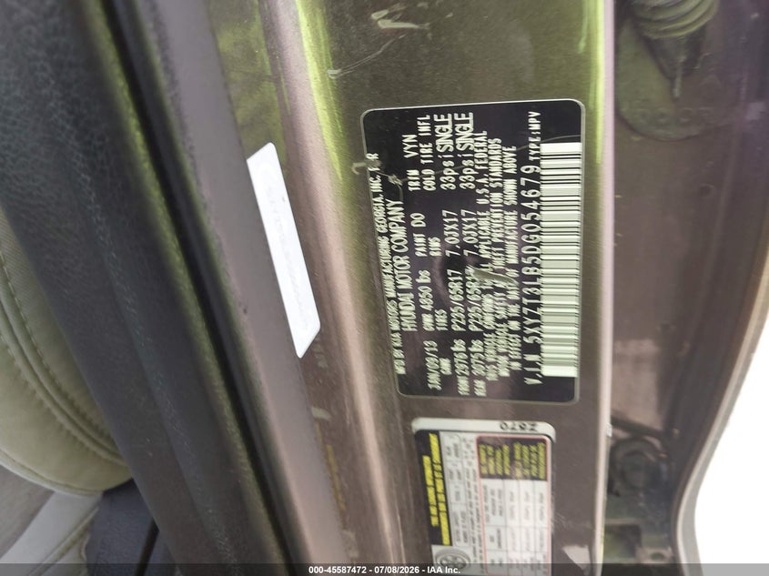 2013 Hyundai Santa fe VIN 5XYZT3LB5DG054679 IAAI salvage auction — NORMAL WEAR, Original (Texas), sold $975 on 2026-07-29 (photo 9)