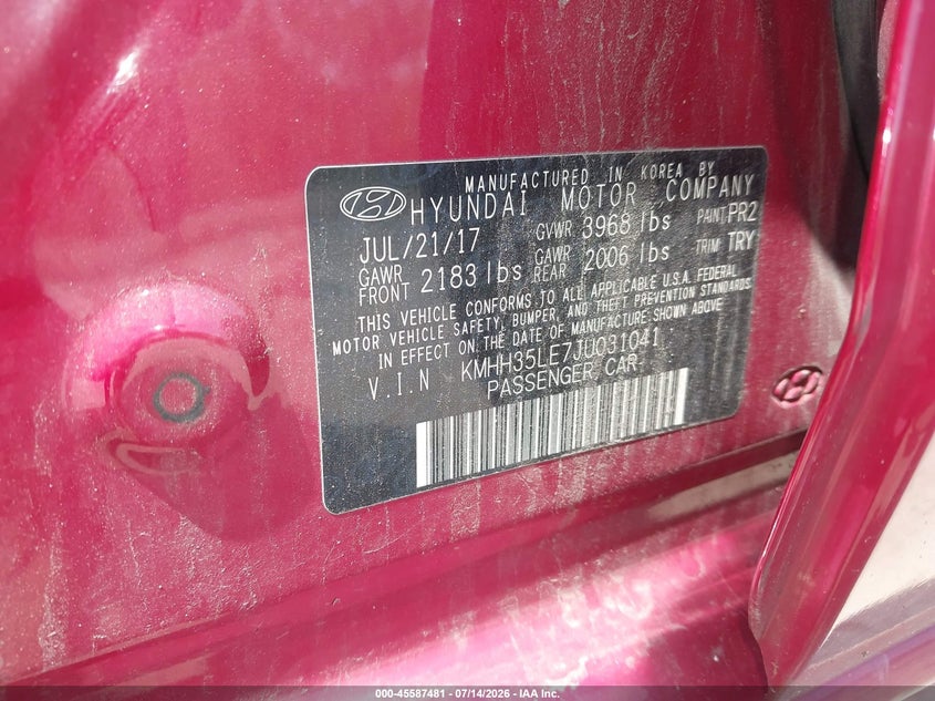 2018 Hyundai Elantra VIN KMHH35LE7JU031041 IAAI salvage auction — REAR END, Salvage Title, sold $2,750 on 2026-07-26 (photo 9)