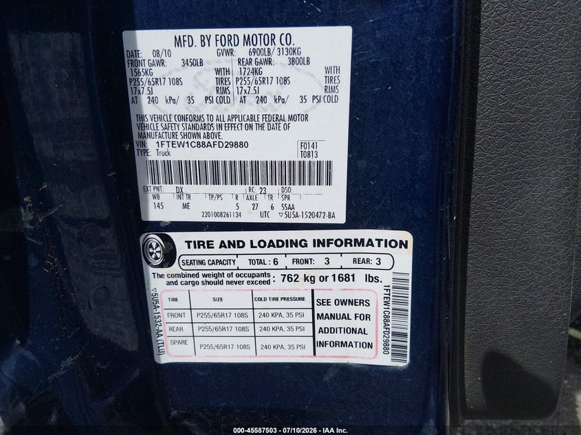 2010 Ford F-150 VIN 1FTEW1C88AFD29880 IAAI salvage auction — WATER/FLOOD, Salvage (Louisiana), sold $800 on 2026-07-24 (photo 9)