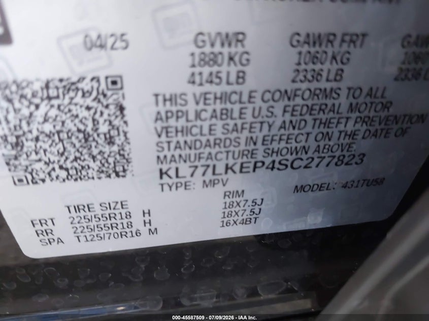 2025 Chevrolet Trax VIN KL77LKEP4SC277823 IAAI salvage auction — FRONT END, Rebuildable (Florida), sold $5,700 on 2026-07-28 (photo 9)