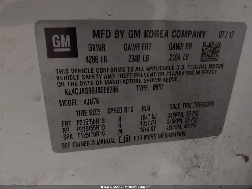 2018 Buick Encore VIN KL4CJASB9JB508286 IAAI salvage auction — RIGHT FRONT, Prior Salvage (Minnesota), sold $925 on 2026-08-30 (photo 9)