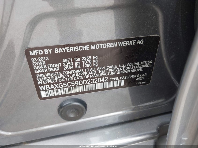 2013 BMW 5 series VIN WBAXG5C59DD232042 IAAI salvage auction — NORMAL WEAR, Clear (Virginia), sold $1,100 on 2026-07-24 (photo 9)