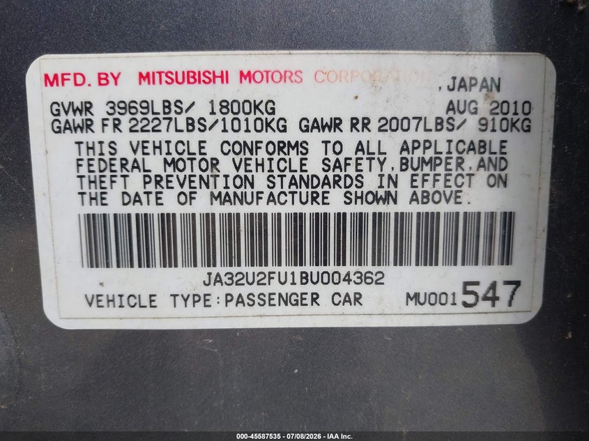 2011 Mitsubishi Lancer VIN JA32U2FU1BU004362 IAAI salvage auction — NORMAL WEAR, Clear (Pennsylvania), sold $375 on 2026-07-22 (photo 9)