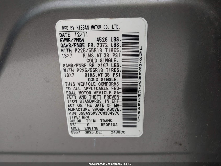 2012 Nissan Rogue VIN JN8AS5MV7CW384978 IAAI salvage auction — NORMAL WEAR, Clear (Maryland), sold $950 on 2026-07-16 (photo 9)