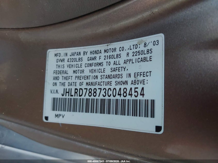 2003 Honda Cr-v VIN JHLRD78873C048454 IAAI salvage auction — NORMAL WEAR, Clear-Dealer Only (Arizona), sold $1,375 on 2026-07-28 (photo 9)