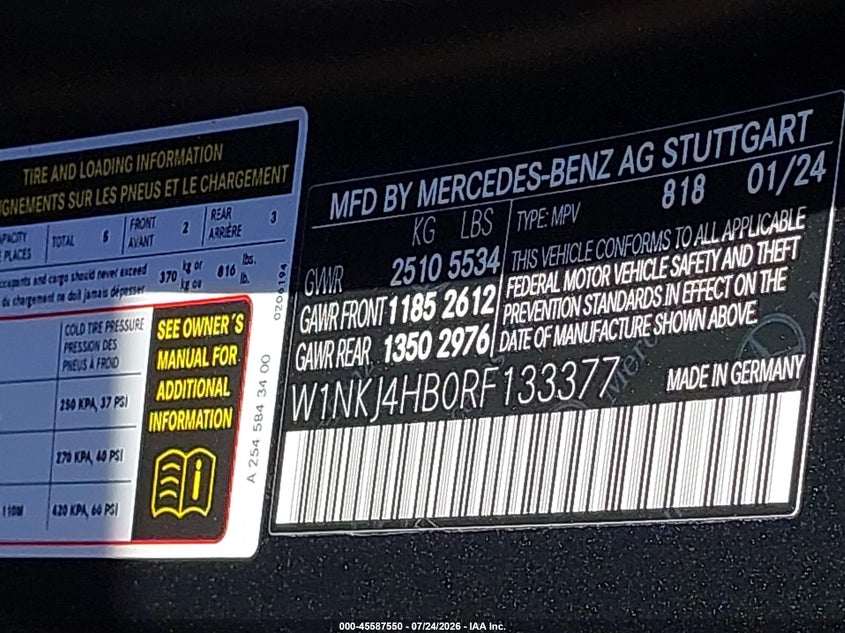 2024 Mercedes-benz Glc class VIN W1NKJ4HB0RF133377 IAAI salvage auction — FRONT END, Wait Title, sold $27,400 on 2026-08-24 (photo 9)