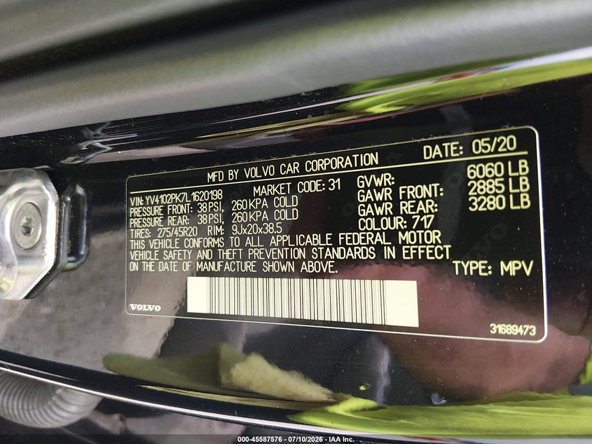 2020 Volvo Xc90 VIN YV4102PK7L1620198 IAAI salvage auction — REAR END, Salvage (Georgia), sold $8,150 on 2026-09-17 (photo 9)