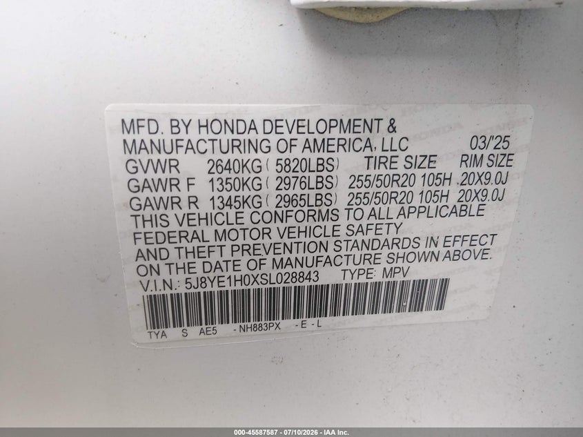 2025 Acura Mdx VIN 5J8YE1H0XSL028843 IAAI salvage auction — THEFT, Salvage (Virginia), sold $26,500 on 2026-08-25 (photo 9)