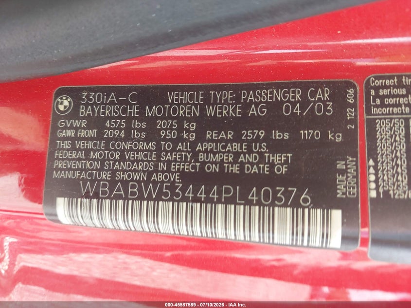 2004 BMW 3 series VIN WBABW53444PL40376 IAAI salvage auction — NORMAL WEAR, Clear (Florida), sold $1,600 on 2026-07-16 (photo 9)