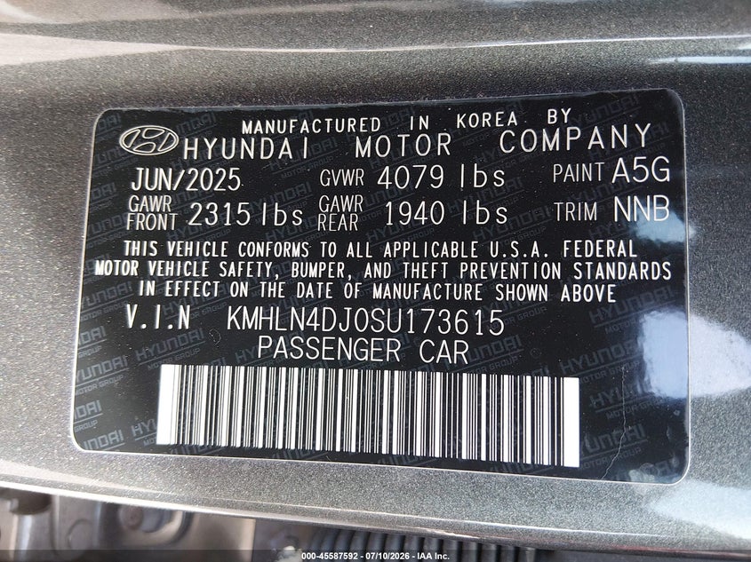 2025 Hyundai Elantra VIN KMHLN4DJ0SU173615 IAAI salvage auction — RIGHT FRONT, Enterprise Vehicles Clear Only (New Jersey), sold $3,950 on 2026-07-28 (photo 9)