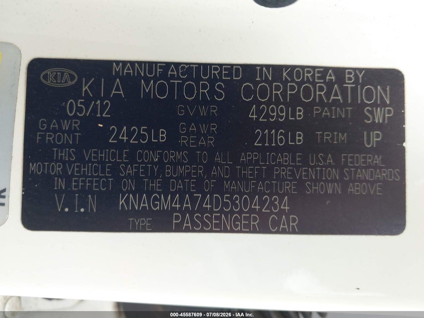 2013 Kia Optima VIN KNAGM4A74D5304234 IAAI salvage auction — UNKNOWN, Clear (Florida), sold $500 on 2026-07-29 (photo 9)