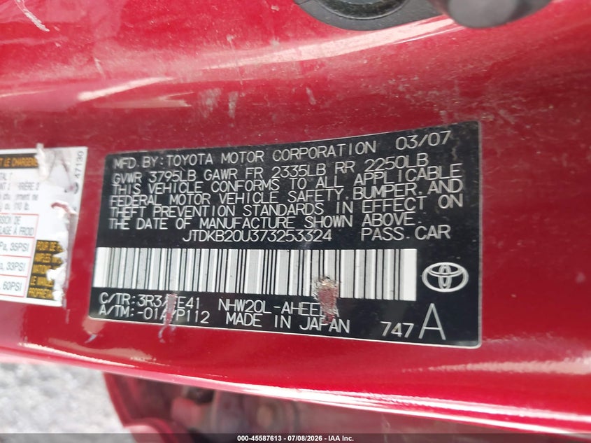 2007 Toyota Prius VIN JTDKB20U373253324 IAAI salvage auction — NORMAL WEAR, Clear (Indiana), sold $400 on 2026-07-29 (photo 9)