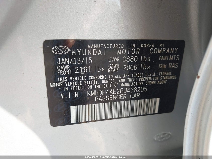 2015 Hyundai Elantra VIN KMHDH4AE2FU438205 IAAI salvage auction — LEFT FRONT, Salvage (Pennsylvania), sold $1,050 on 2026-07-28 (photo 9)