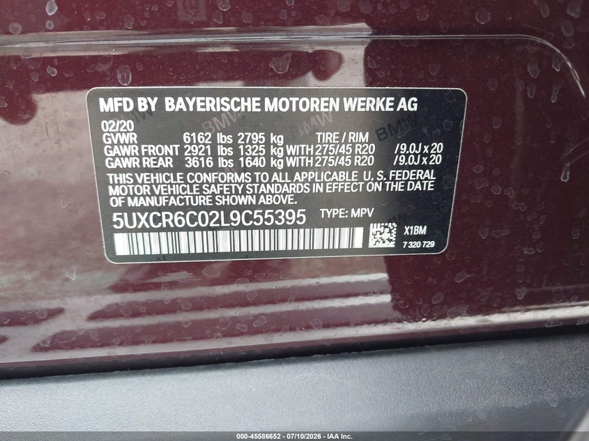 2020 BMW X5 VIN 5UXCR6C02L9C55395 IAAI salvage auction — FRONT END, Rebuildable (Florida), sold $23,100 on 2026-07-28 (photo 9)