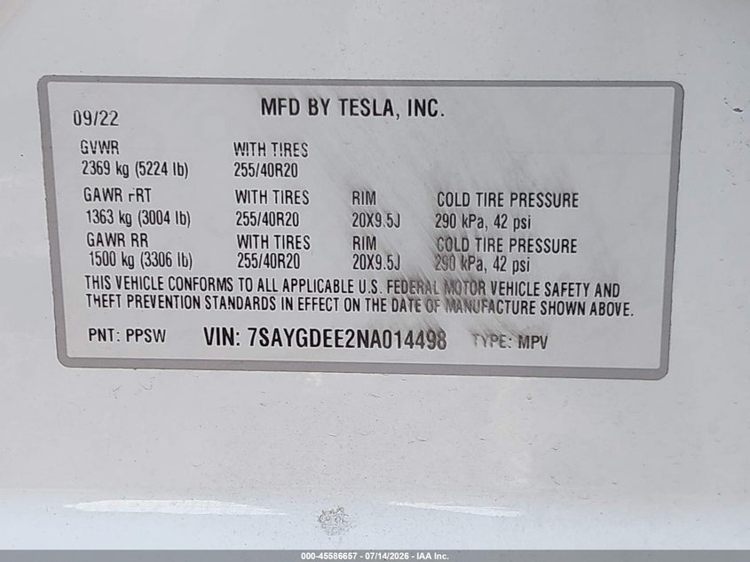 2022 Tesla Model y VIN 7SAYGDEE2NA014498 IAAI salvage auction — FRONT END, Salvage (New Jersey), sold $12,500 on 2026-07-30 (photo 9)