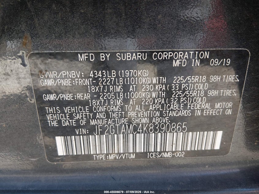 2019 Subaru Xv VIN JF2GTAMC4K8390865 IAAI salvage auction — RIGHT FRONT, Salvage Title, sold $25 on 2026-07-29 (photo 9)