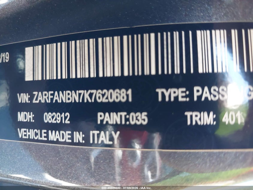 2019 Alfa romeo Giulia VIN ZARFANBN7K7620681 IAAI salvage auction — FRONT END, Salvage Title, sold $7,700 on 2026-08-16 (photo 9)