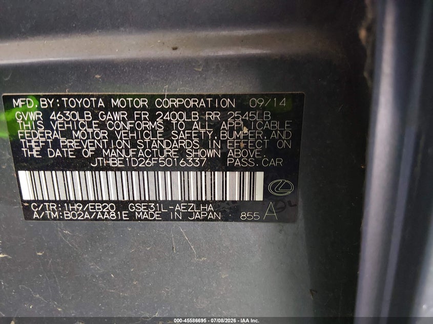 2015 Lexus Is VIN JTHBE1D26F5016337 IAAI salvage auction — NORMAL WEAR, Clear - Dealer Only (California), sold $4,500 on 2026-07-28 (photo 9)