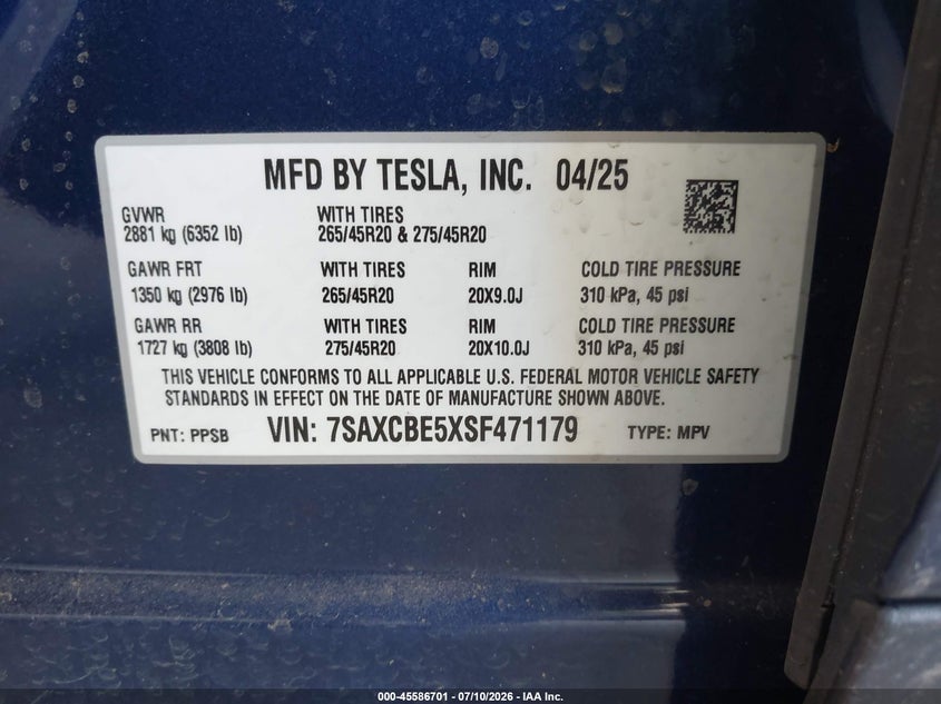 2025 Tesla Model x VIN 7SAXCBE5XSF471179 IAAI salvage auction — FRONT & REAR, Wait Title, sold $19,950 on 2026-08-20 (photo 9)