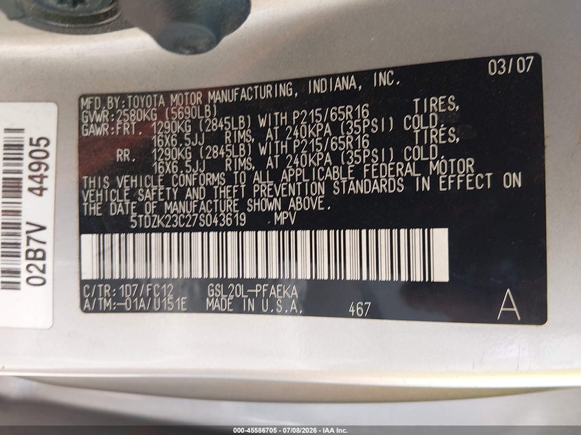 2007 Toyota Sienna VIN 5TDZK23C27S043619 IAAI salvage auction — NORMAL WEAR, Restored (Arizona), sold $350 on 2026-07-28 (photo 9)