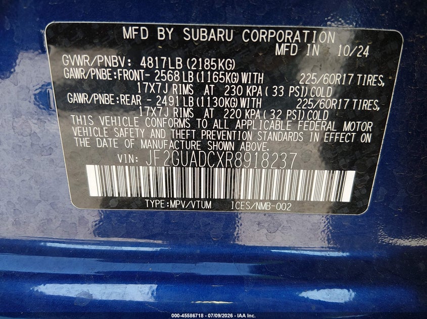 2024 Subaru Xv VIN JF2GUADCXR8918237 IAAI salvage auction — RIGHT FRONT, Salvage (California), sold $5,600 on 2026-07-29 (photo 9)