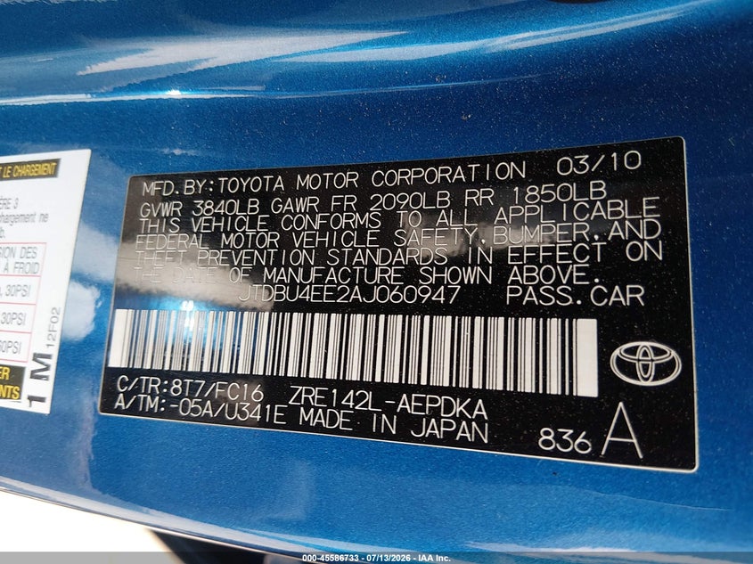 2010 Toyota Corolla VIN JTDBU4EE2AJ060947 IAAI salvage auction — REAR END, Clear (Massachusetts), sold $1,800 on 2026-07-24 (photo 9)