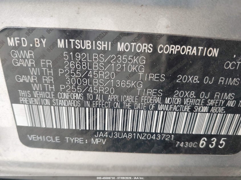2022 Mitsubishi Outlander VIN JA4J3UA81NZ043721 IAAI salvage auction — NORMAL WEAR, Clear (Florida), sold $7,400 on 2026-07-14 (photo 9)