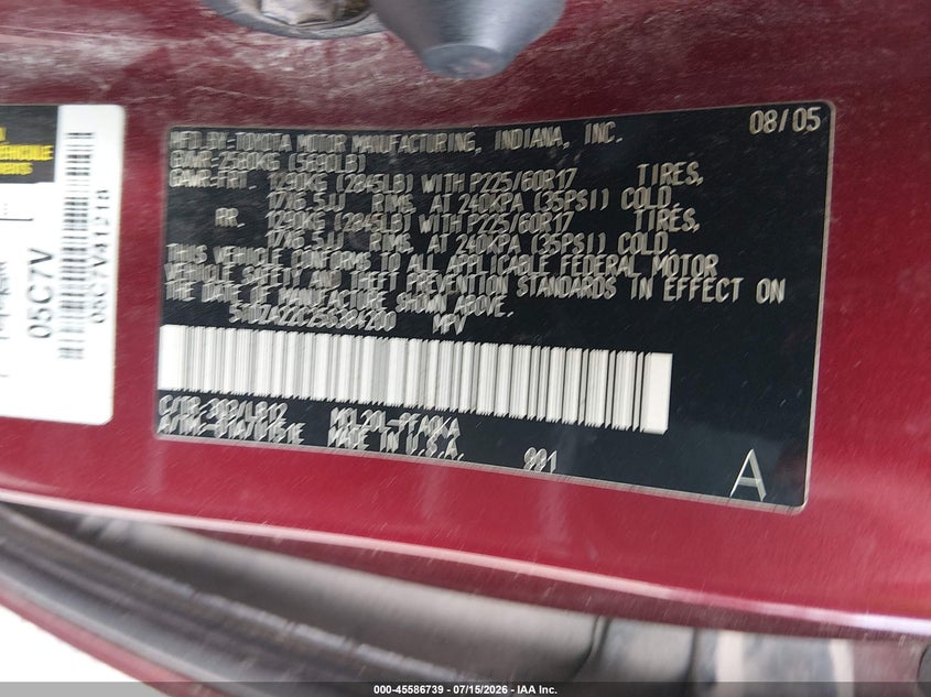 2005 Toyota Sienna VIN 5TDZA22C25S384200 IAAI salvage auction — NORMAL WEAR, Clear (Arkansas), sold $450 on 2026-07-30 (photo 9)