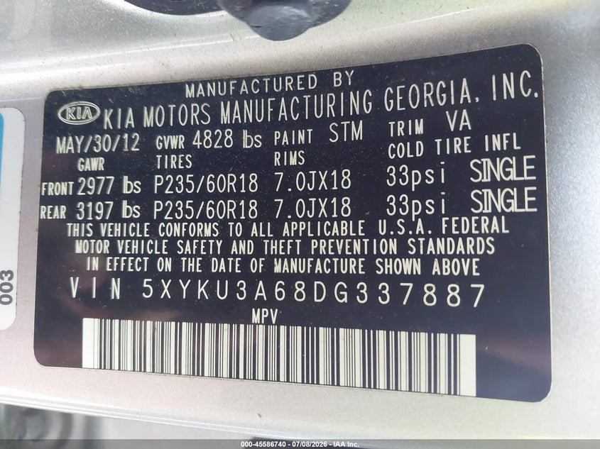 2013 Kia Sorento VIN 5XYKU3A68DG337887 IAAI salvage auction — NORMAL WEAR, Clear (Tennessee), sold $800 on 2026-07-16 (photo 9)