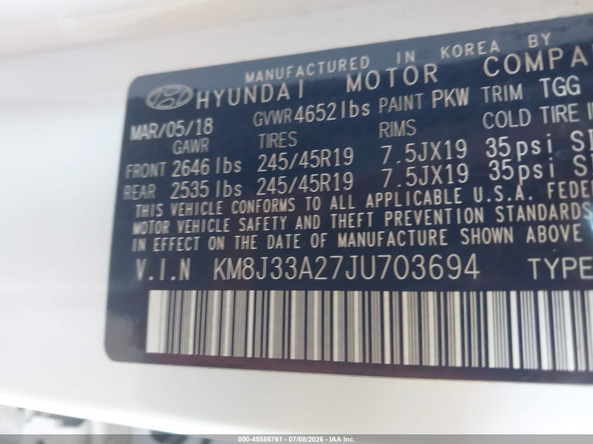 2018 Hyundai Tucson VIN KM8J33A27JU703694 IAAI salvage auction — NORMAL WEAR, Clear (Arizona), sold $4,050 on 2026-07-28 (photo 9)