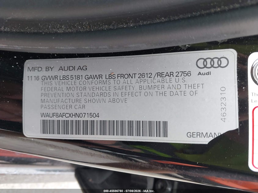 2017 Audi A6 VIN WAUF8AFCXHN071504 IAAI salvage auction — NORMAL WEAR, Clear (Washington), sold $3,350 on 2026-07-20 (photo 9)