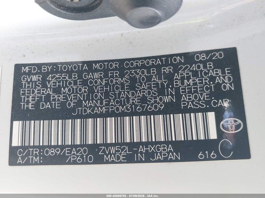 2021 Toyota Prius VIN JTDKAMFP0M3167609 IAAI salvage auction — RIGHT SIDE, Salvage (California), sold $5,100 on 2026-07-29 (photo 9)