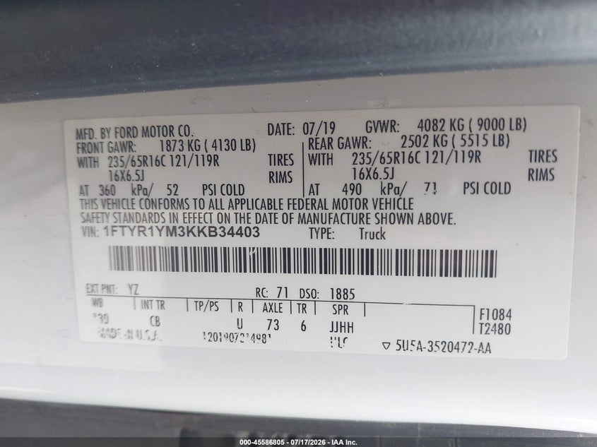 2019 Ford Transit-250 VIN 1FTYR1YM3KKB34403 IAAI salvage auction — NORMAL WEAR, Original (Texas), sold $8,350 on 2026-08-19 (photo 9)