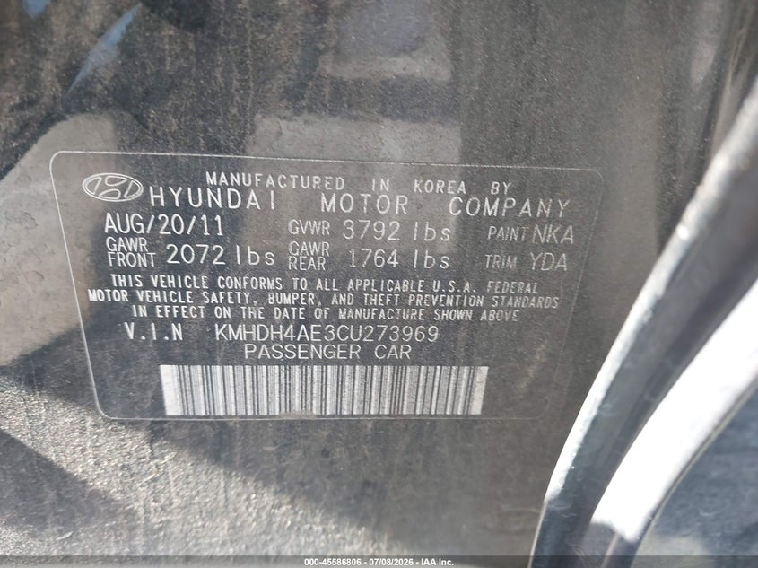 2012 Hyundai Elantra VIN KMHDH4AE3CU273969 IAAI salvage auction — NORMAL WEAR, Clear - Dealer Only (California), sold $300 on 2026-07-18 (photo 9)
