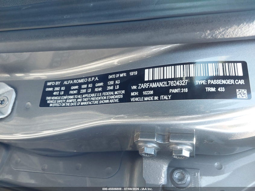 2020 Alfa romeo Giulia VIN ZARFAMAN2L7624327 IAAI salvage auction — UNDERCARRIAGE, Salvage Title, sold $3,650 on 2026-08-06 (photo 9)