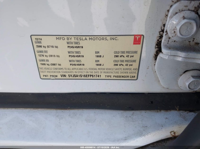 2014 Tesla Model s VIN 5YJSA1S16EFP61741 IAAI salvage auction — ELECTRICAL, Clear (Montana), sold $175 on 2026-07-29 (photo 9)